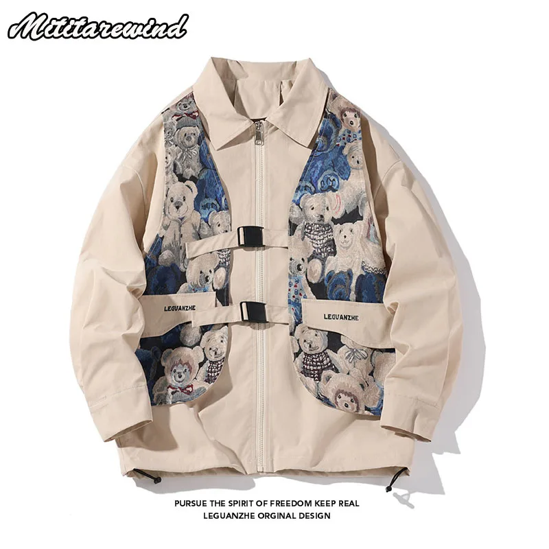 

Spring New Design Fales Two-Pieces Bear Print Embroidery Men's Coats High Street Baggy Oversize Jackets Y2k Style Streetwear