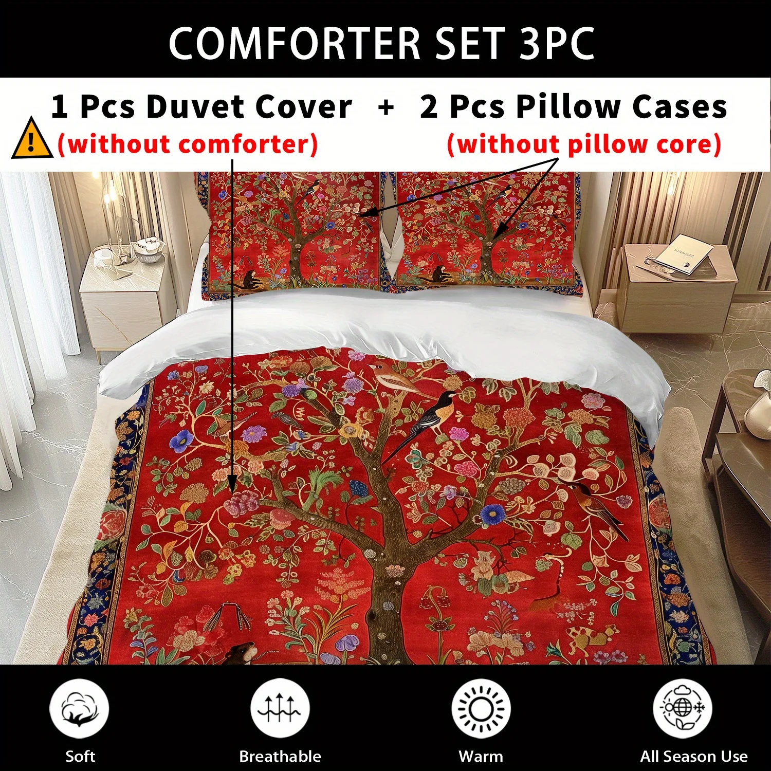 2/3Pcs Red Festive Big Tree Duvet Cover Set, Luxury Soft Wrinkle Resistant Bedding with Pillowcases, Machine Washable