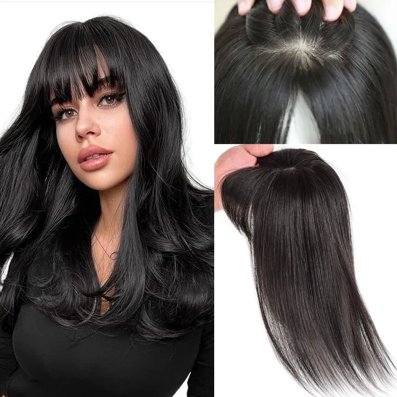 Air Bangs European Virgin Human Hair Topper For Thinning 10-18inch 2CM PU Around Silk Base Scalp Topper with Bangs for Women hair toppers