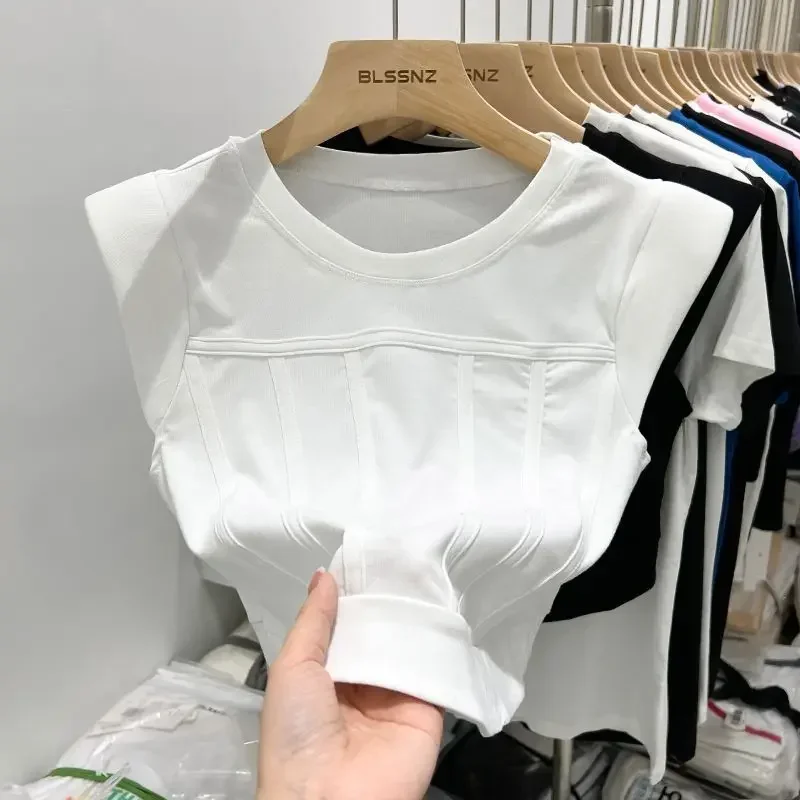 

2024 newEuropean and n retro white shoulder t-shirt women loose shoulder pad fish bone chic short sleeveless T-shirt GRAY22