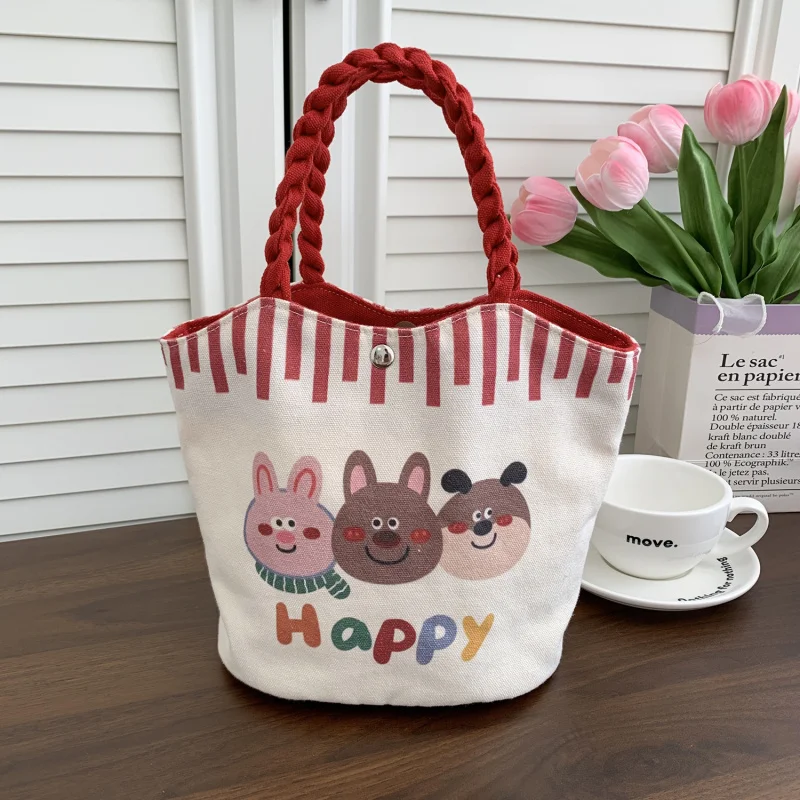 Cartoon Cute Handheld Bucket Bag Snack Pouch High Appearance Outdoor Leisure Canvas Bag Large Capacity Market Basket Bag