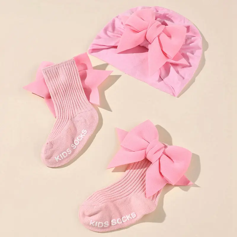 2pcs/set Baby Bow Hat with Socks Suit Newborn Boys and Girls Socks Cap Set Short Tube Sock+ Turban Hat for Autumn Spring H446 4