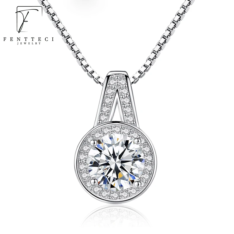 

FENTTECI 1CT 2CT D Color Moissanite Diamond Platinum Plated Round Necklace For Women 925 Sterling Silver Wedding Fine Jewelry