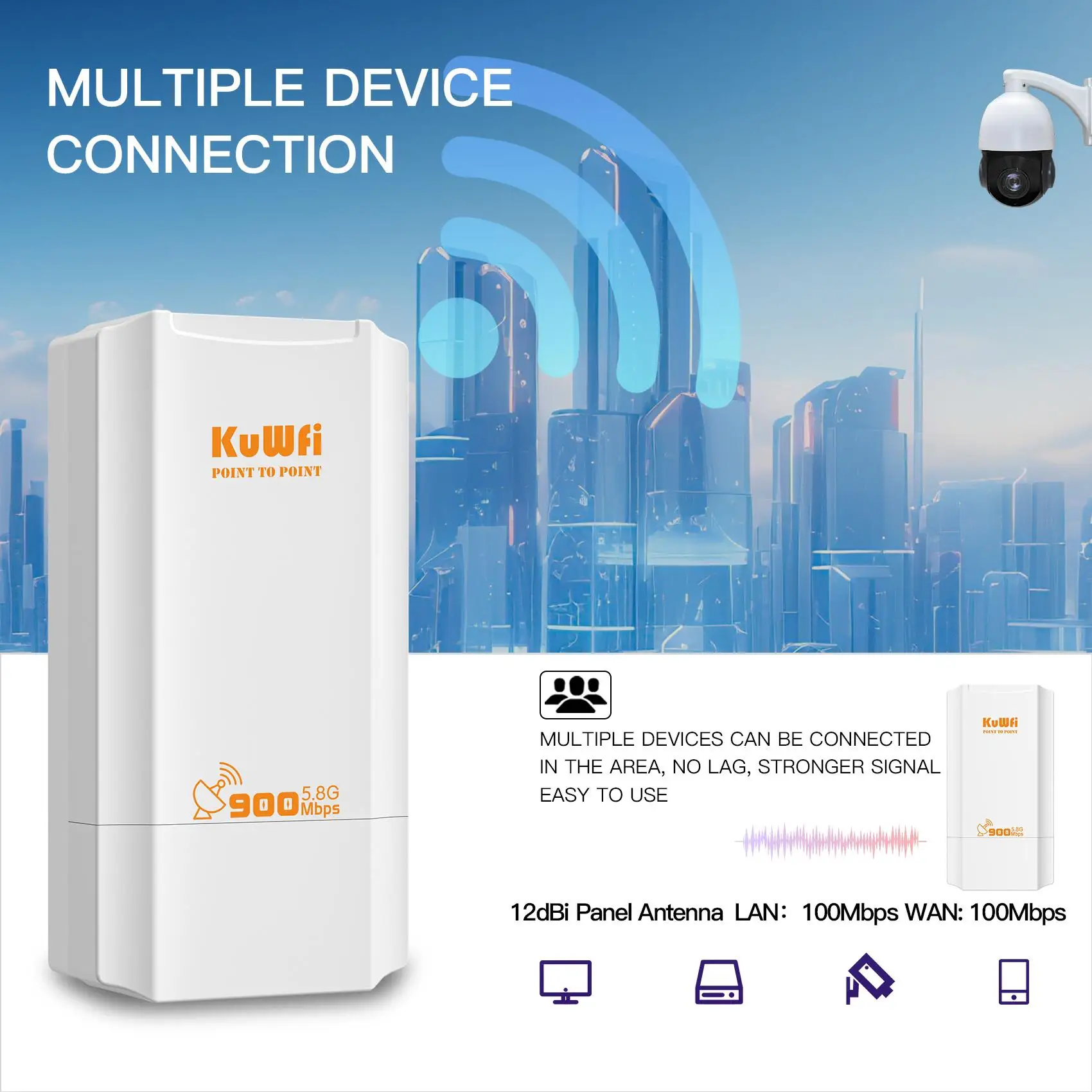Kuwfi-outdoor Wireless Cpe Bridge Wi-fi Signal Amplificador Iptp Long Range Extender Impermeável ap Repeater 5.8g 900mbps - Imagem 4