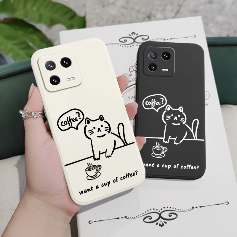 Chic Coffee Cat Liquid Silicone Phone Case Cover