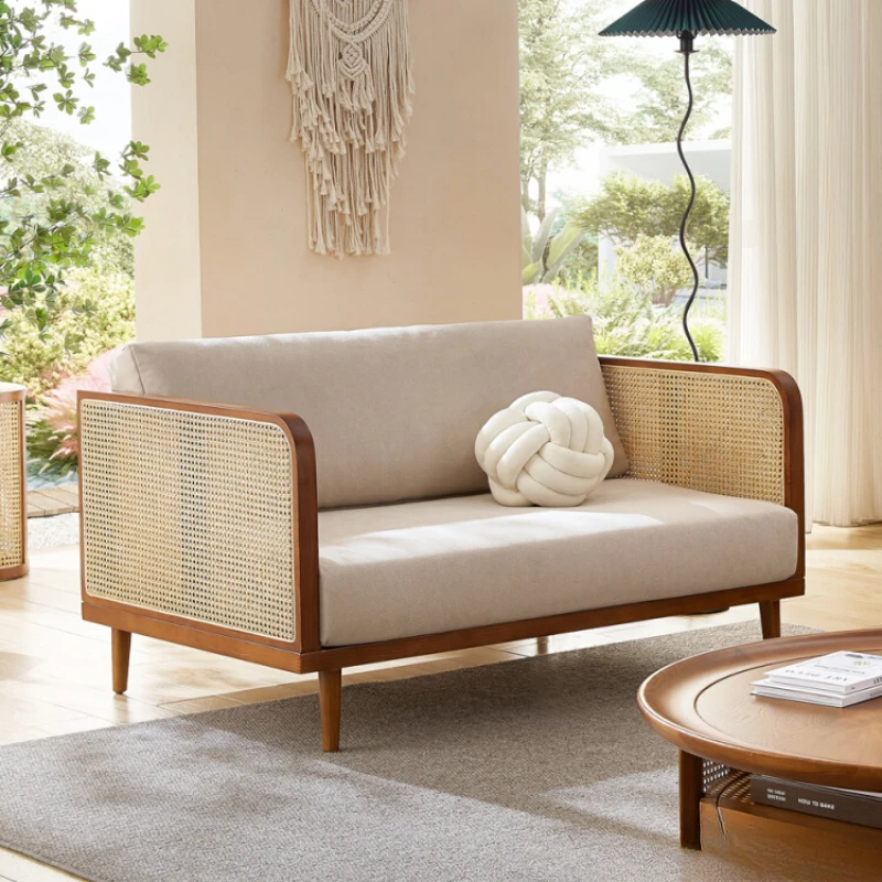 

Fabric sofa, double three person straight row living room, simple modern rattan woven solid wood sofa for household use