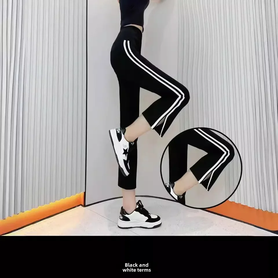 여성 사이드 스트라이프 샤크 팬츠, 슬림한 스트레이트 레그, 사이드 슬릿 레깅스, 얇고 가벼운 겉옷, 다목적, 여름 신상