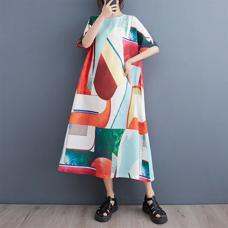 

European American Style Print Short Sleeve Thin Light Loose Summer Dress For Women Travel Style Beach Casual Oversize Dress