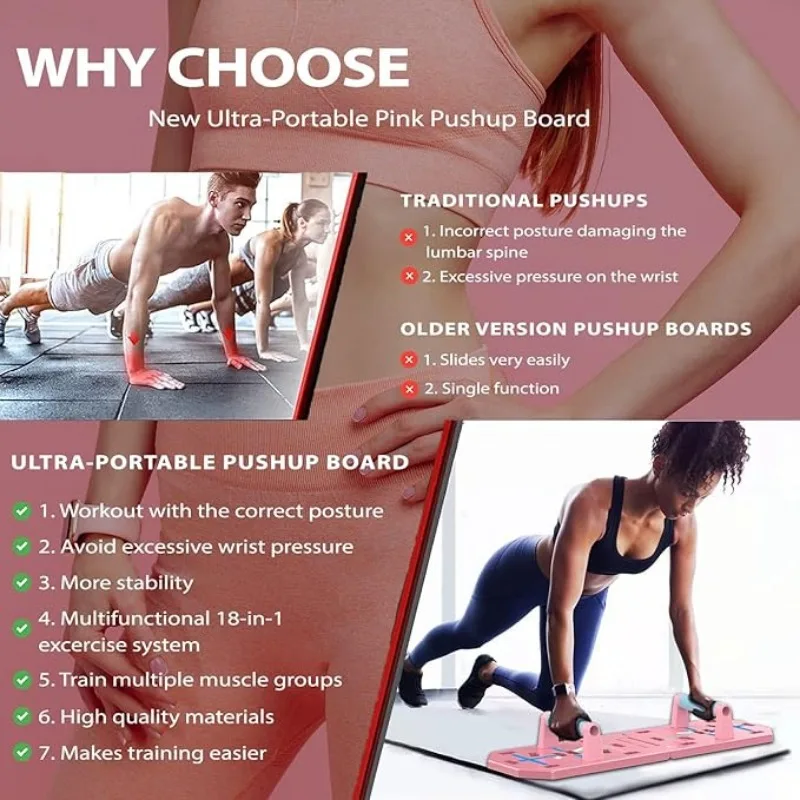 Foldable Pink Push Up Board Foldable Press Up Boards Fitness Workout Train Gym Muscle Strength Muscles Exercise Training Sports