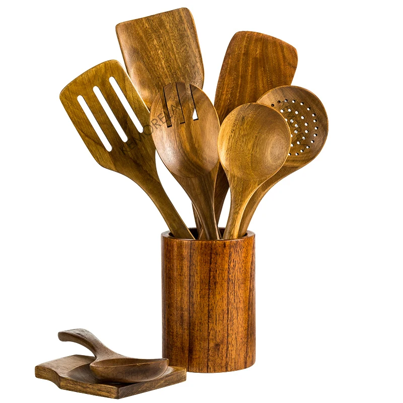9-Delige Houten Keukengerei Set Met Houder - Teakhout