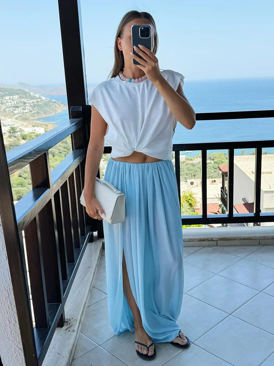 Bornladies Women's Spring Summer New Elegant Street Style Skirt Fashion Loose Ruched Draped Split Maxi Skirt