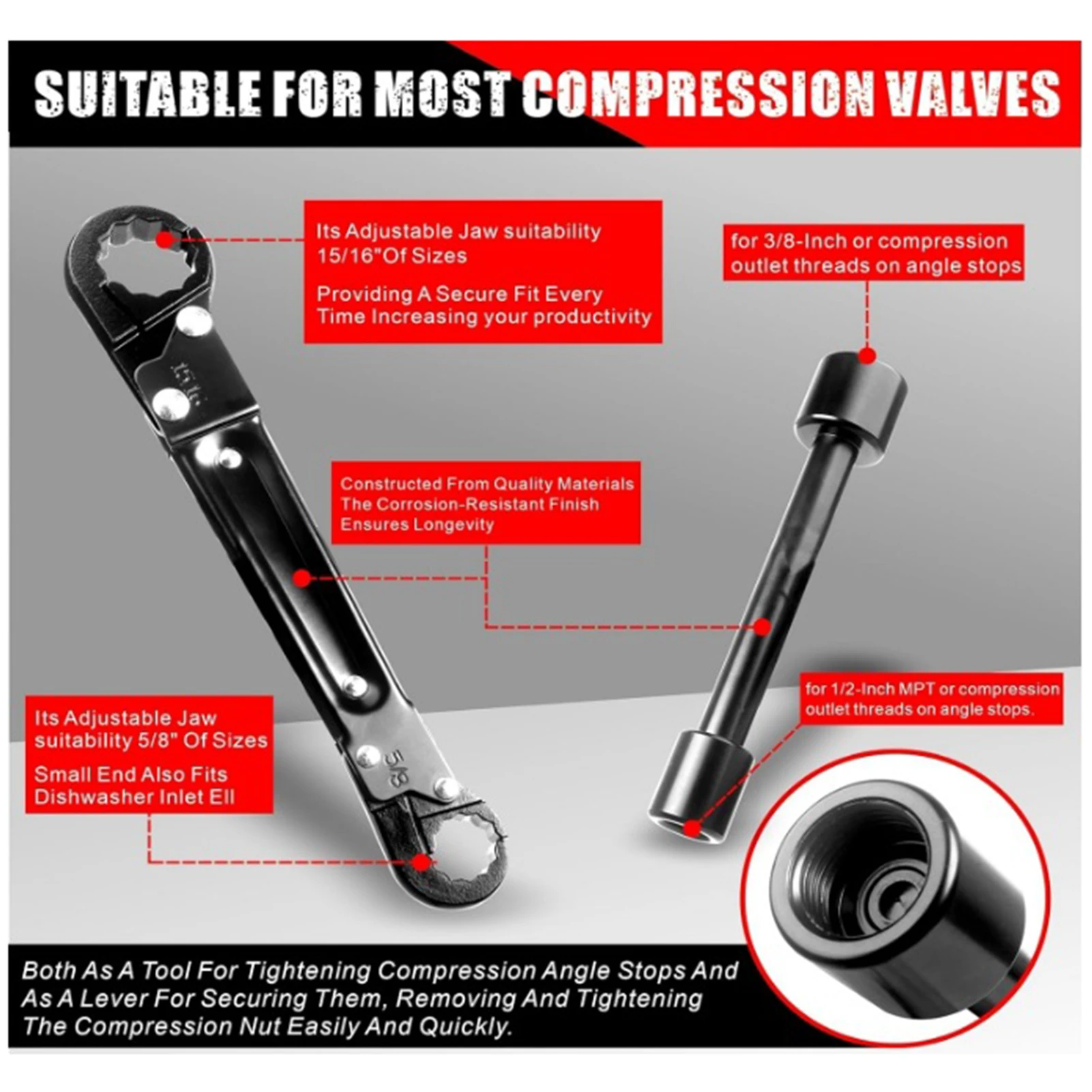 Multifunctional Plumbing Tools Angle Stop Wrench Removing Compression Rings Tool Water Pipe Faucet Wrench For Washroom Kitchen