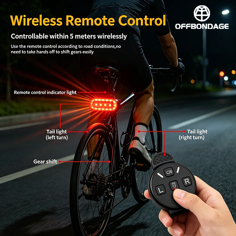 OFFBONDAGE 자전거 후미등 리모컨 MTB 테일 라이트 충전식 IPX5 방수 다채로운 사이클링 턴 테일 라이트