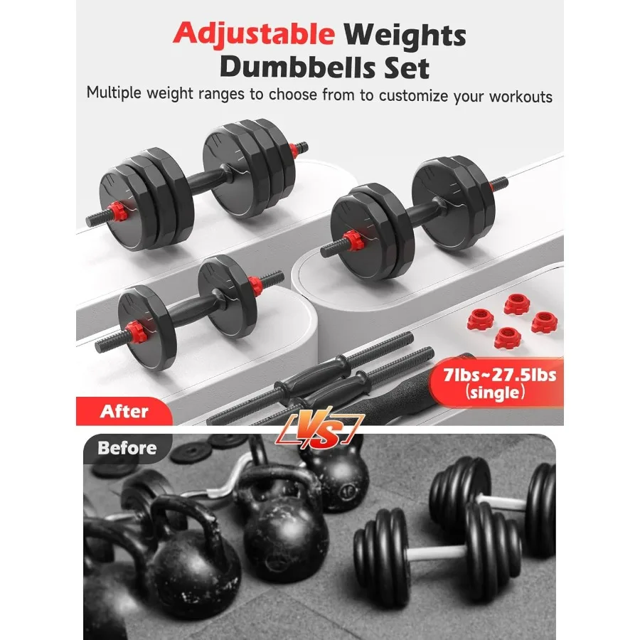 Adjustable Dumbbells,55LB (27.5LB Pair) Free Weights Dumbbells Convertible 2 or 3 in 1 Set Used as Barbell, Kettlebells, A Pair