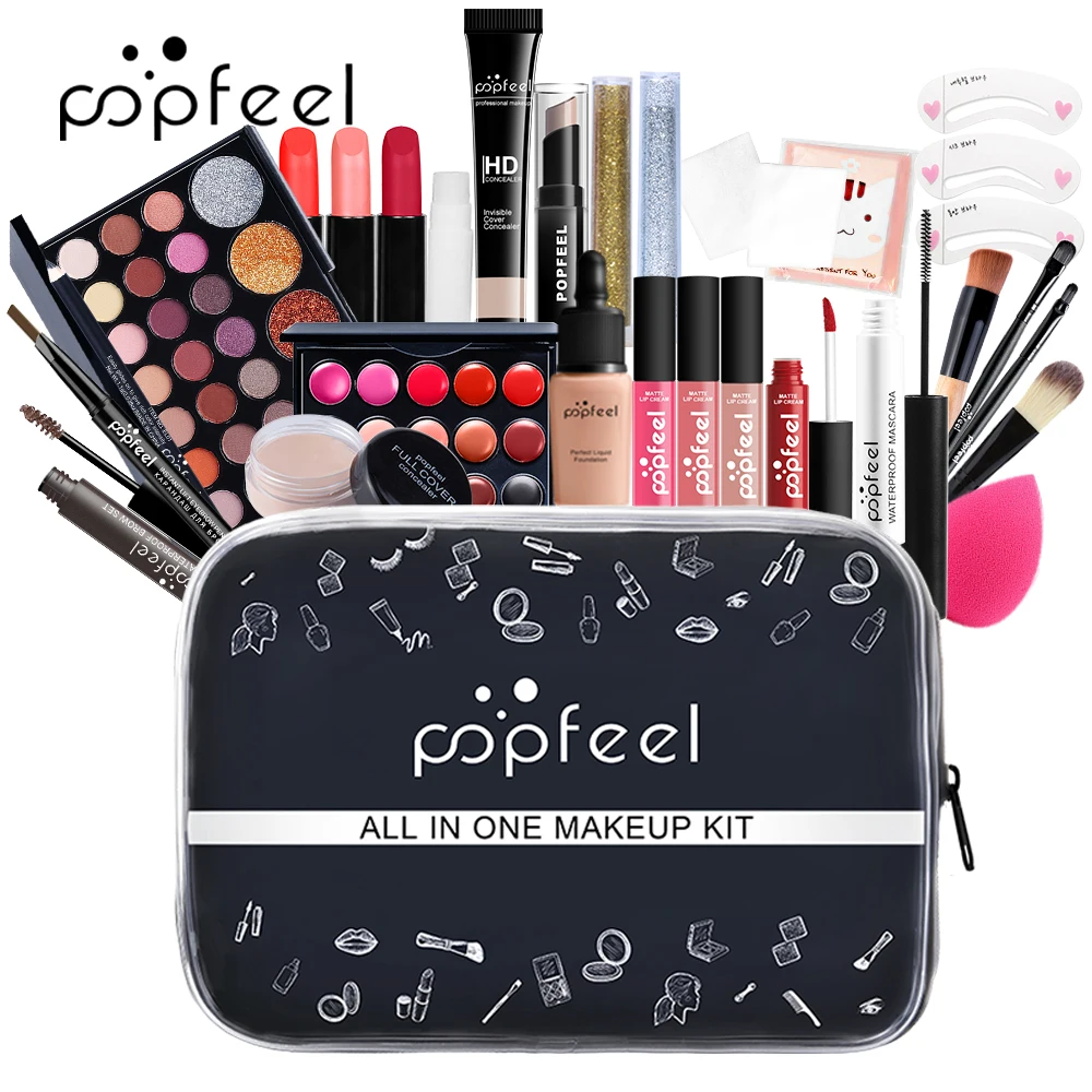 POPFEEL All-in-One Makeup Set for Beginners-Complete Cosmetics Kit with Eyeshadow Palette, Lip Gloss, Lipstick, Concealer, Fou