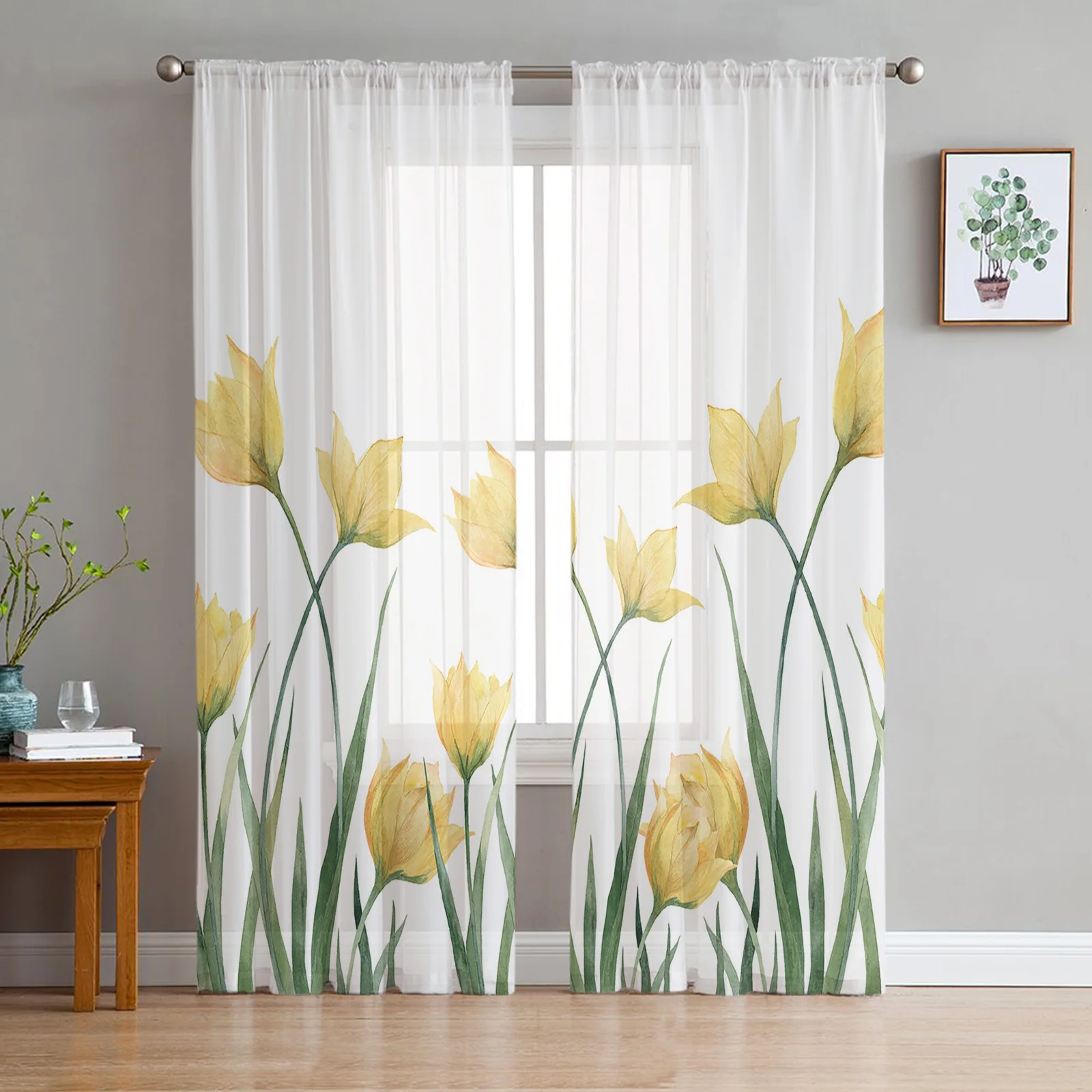 

Yellow Tulip Flower White Sheer Curtains for Bedroom Living Room Decoration Window Curtain Kitchen Tulle Voile Organza Drapes