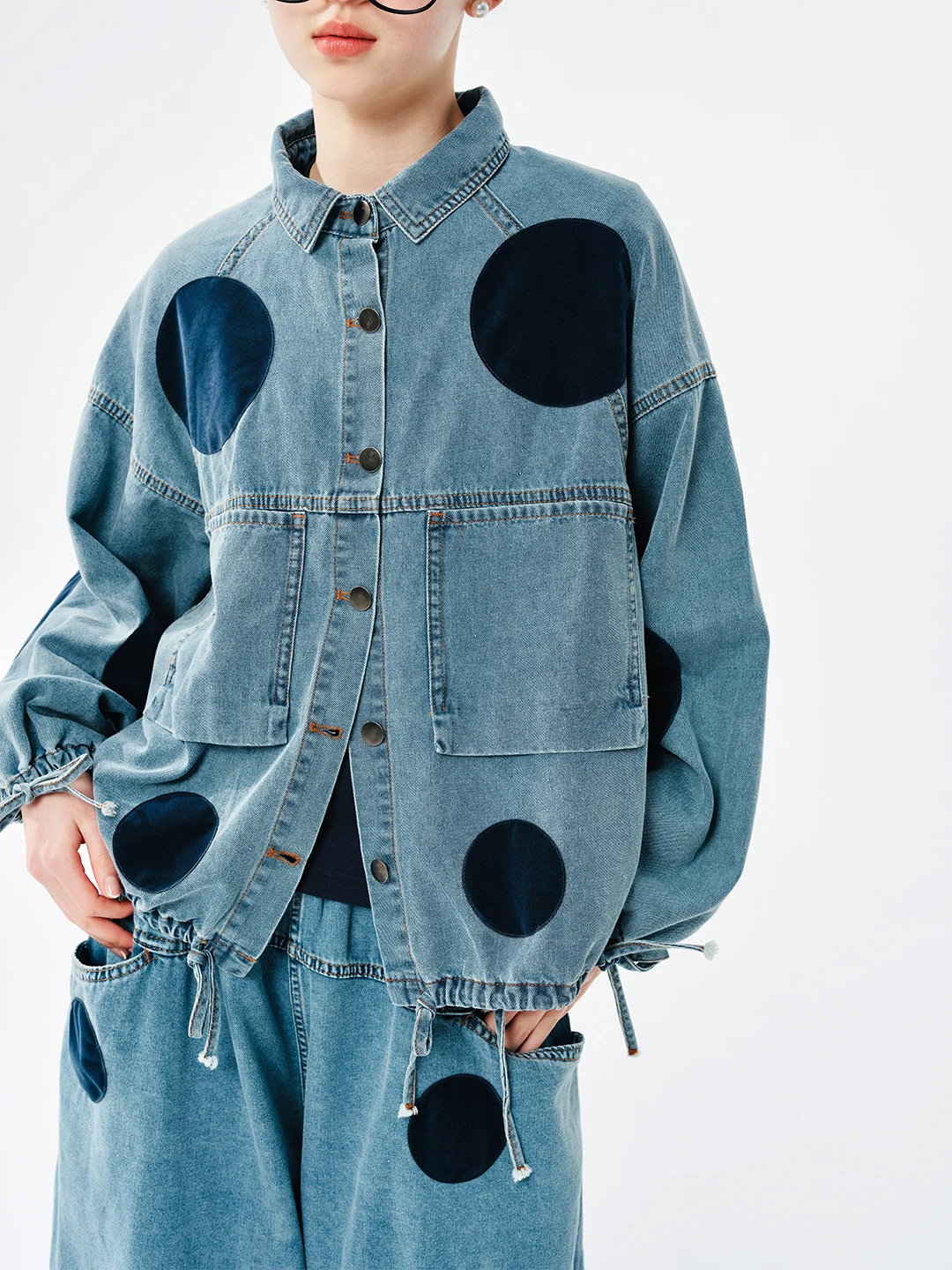 IMAKOKONI original design lapel single-breasted denim blue polka dot long-sleeved jacket top women 244513