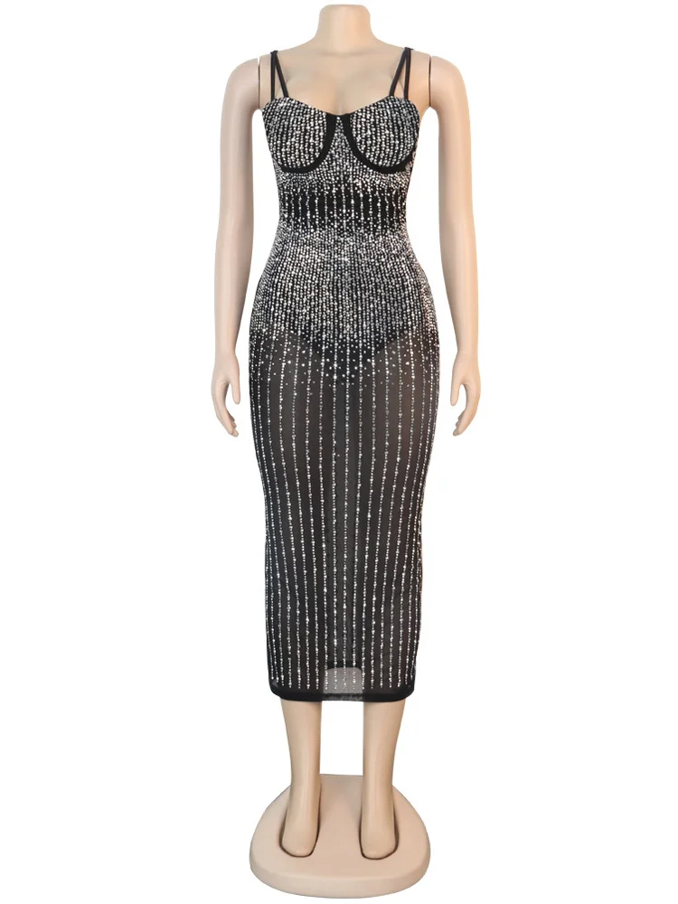 Wmstar Party Dresses for Women 2022 Sequins Sexy Slip High Waist Bodycon Elegant Maxi Dress Club Outfits Wholesale Dropshipping
