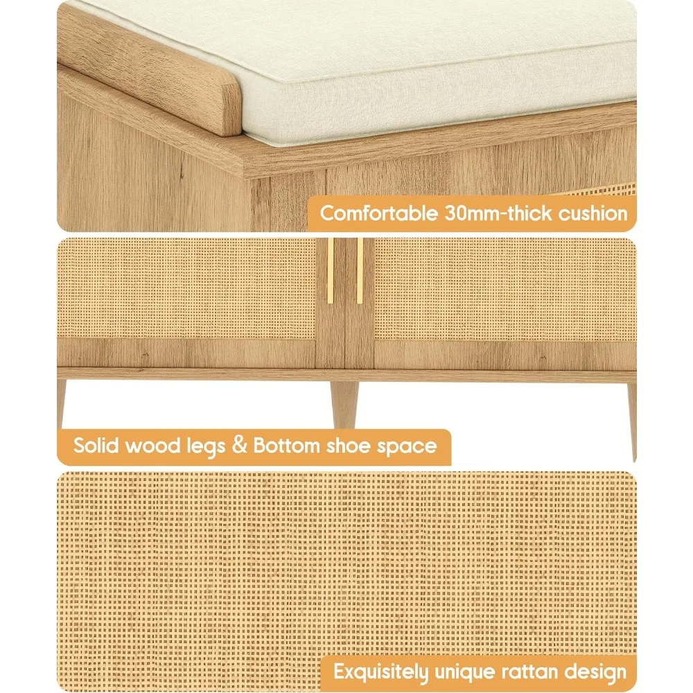 Rattan Shoe Storage Bench with Cushion, Adjustable Shelves, 2 Doors for Entryway, Living Room