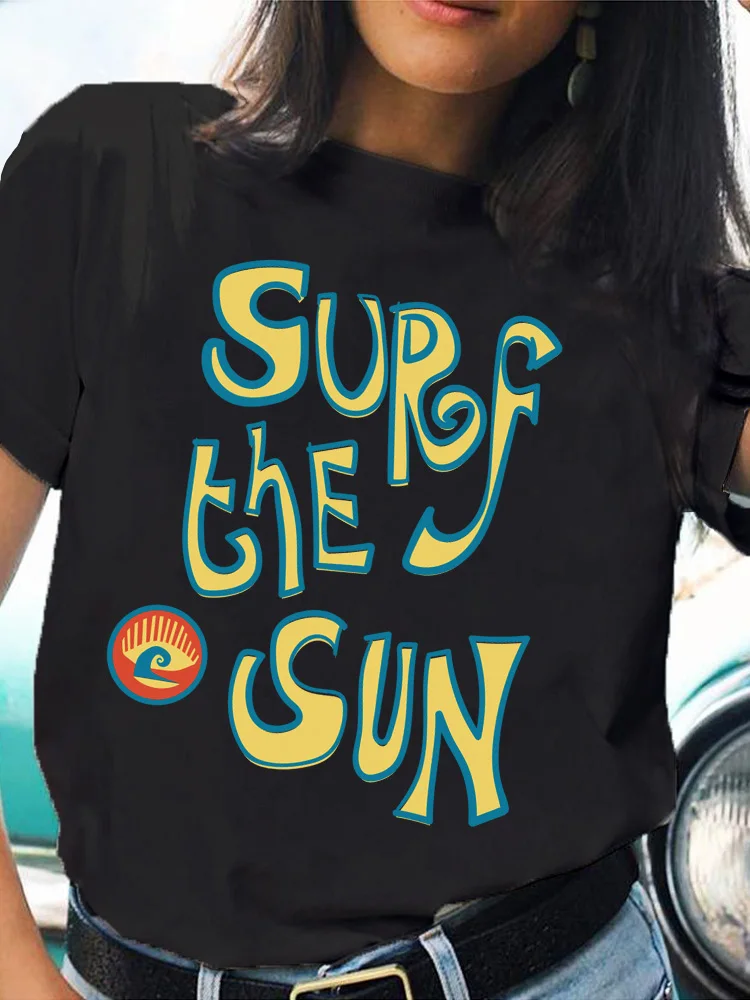 Cute Sweet T-shirt Women surf the sun Print Casual Tee Tops Short Sleeve Shirt Lady Clothes Tshirt Summer Graphic T-shirts femme