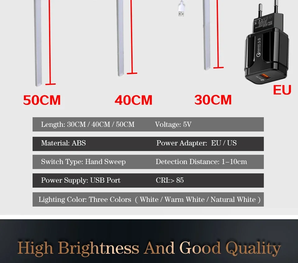 Description Picture 4 of itemUSB LED Bar Light Aluminium 30/40/50cm 3 Color Temperature Wall Lamp Hand Scan Sensor Switch Control Kitchen Closet Light