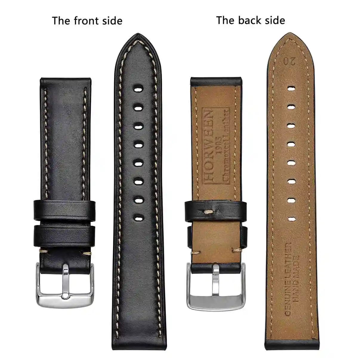 BISONSTRAP Horween Leather Watch Band 18mm 19mm 20mm 21mm 22mm 23mm 24mm Silver Buckle, Strap for Men Women Vintage Wristband