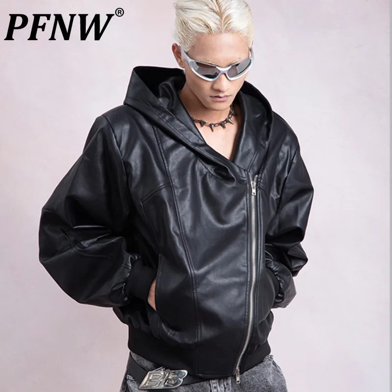 

PFNW Autumn Winter New Men's Tide Niche Design Deconstruction Zipper PU Leather Hooded Jacket Baseball Fashion Chic Coat 12Z5279