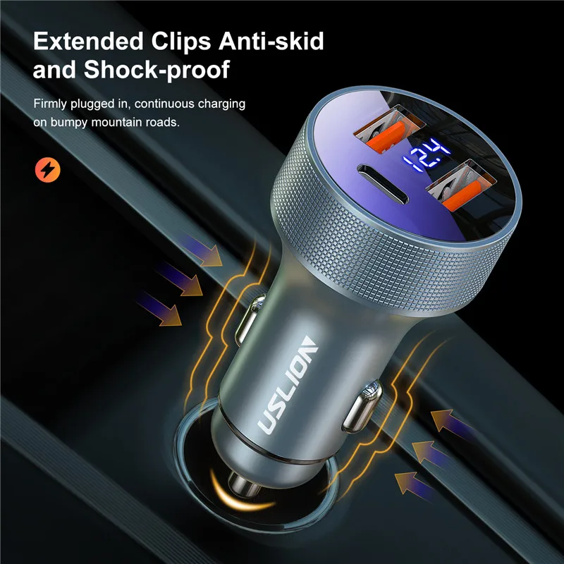 USLION USB Car Charger QC 3.0 80W 5A Type C PD+QC Fast Charging Car Phone Charger Adapter For iPhone Xiaomi Samsung Mobile Phone