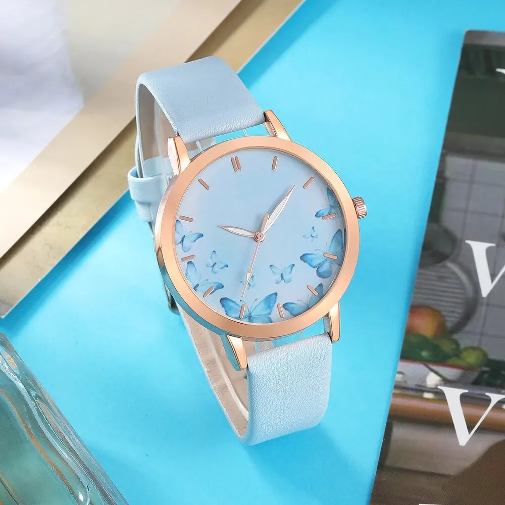 Women Watches 7pcs Women's Watch Set Fashion Casual Blue Butterfly Quartz Watch Fashion Casual Bracelet Set