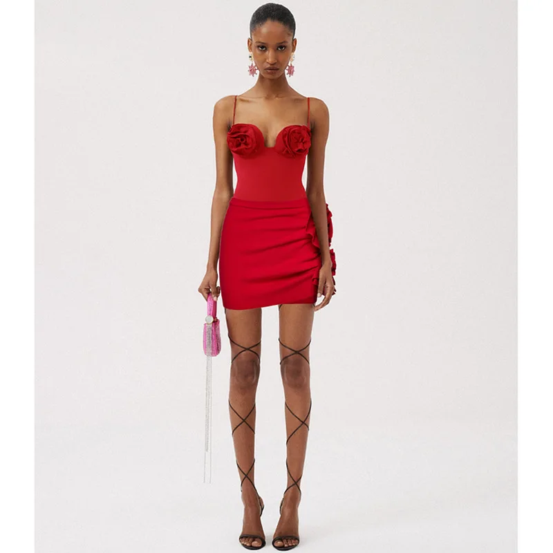 2024 Sexy Color Block 3D Flower One Piece Swimwear Skirt Women Luxury Push Up Swimsuit Solid Beachwear Summer Bathing Suit Dress