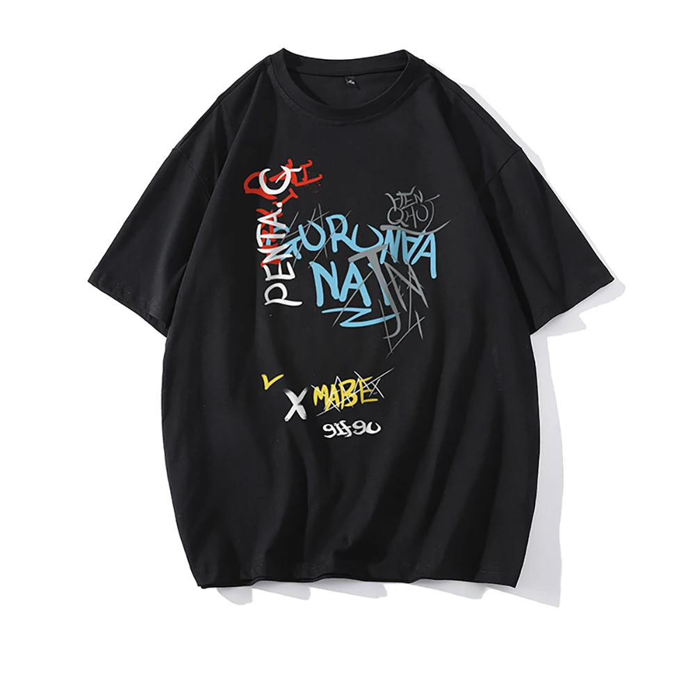 

American retro heavy print short sleeve T-shirt men loose large size ins trend black T-shirt top tide