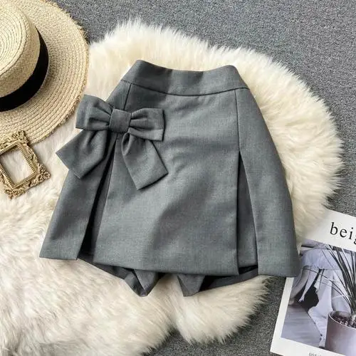 Koijizayoi Solid Women Bow High Waist Mini Short Zip Up Fashion Spring Autumn 2022 New Style Split Skirt Shorts Chic Japan Style plus size clothing Shorts