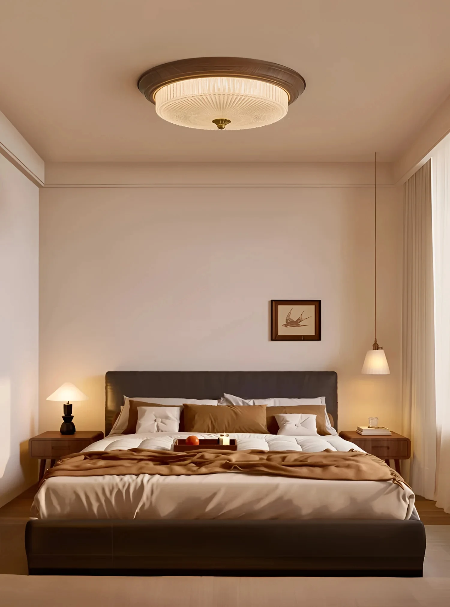 Walnut colored etched glass lampshade, French retro art ceiling light, dining room, bedroom, kitchen, study YX489TB