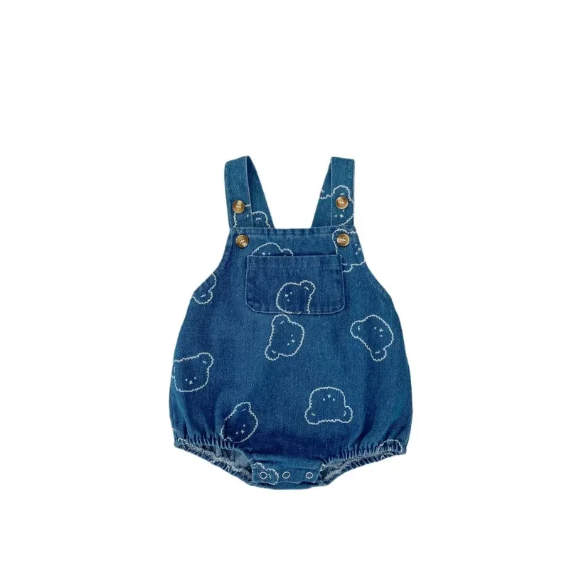 New Spring Autumn Young Children Boys and Girls Denim Bodysuit Cartoon Bear Printed Shoulder Straps Sleeveless Jumpsuit H22401 5