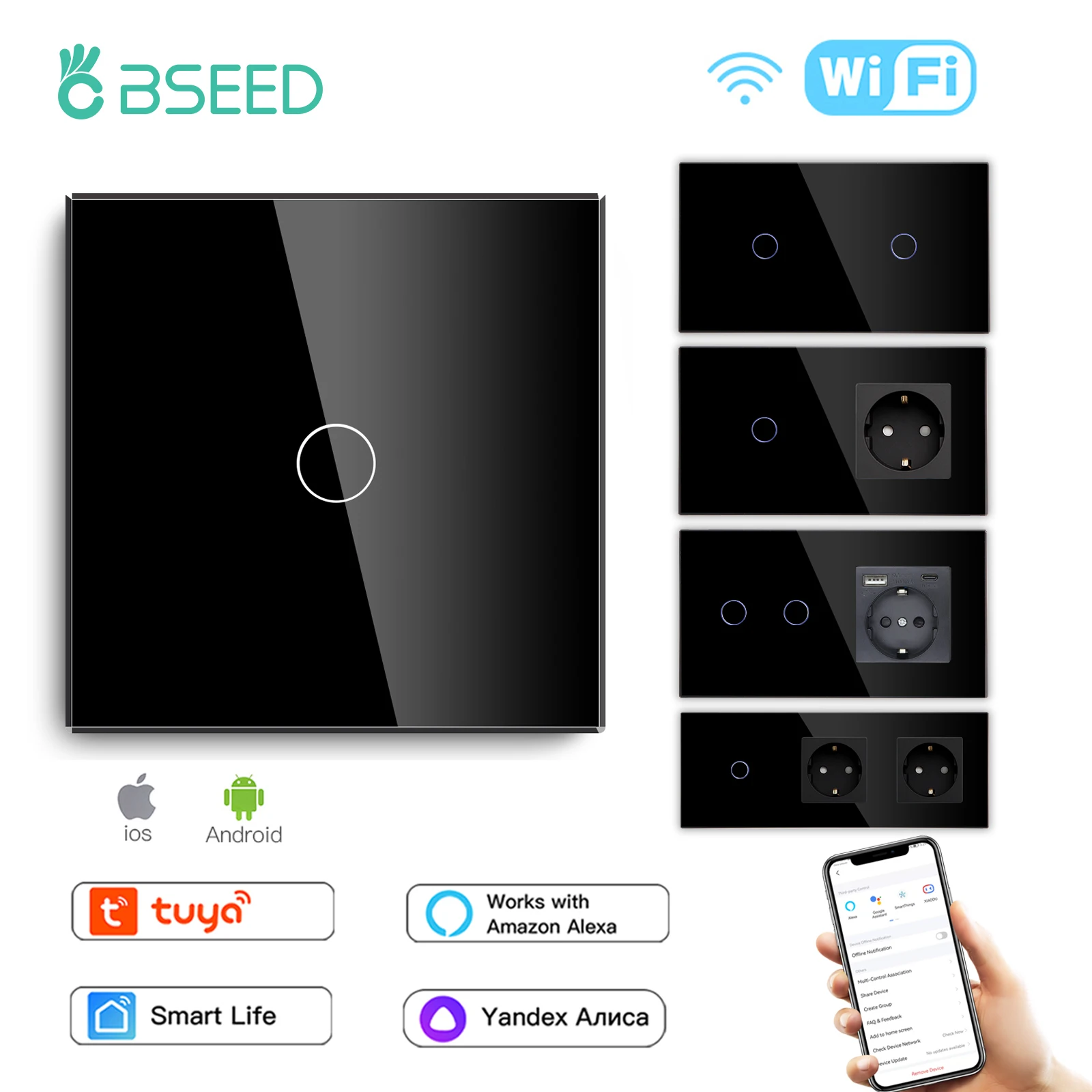 Interruptores de Luz Bseed-wifi Interruptor de Toque Inteligente Trabalhar com Tuya Smart Life Alexa App Tomada Elétrica da ue Usb Tipo-c Gang Gang 3gang