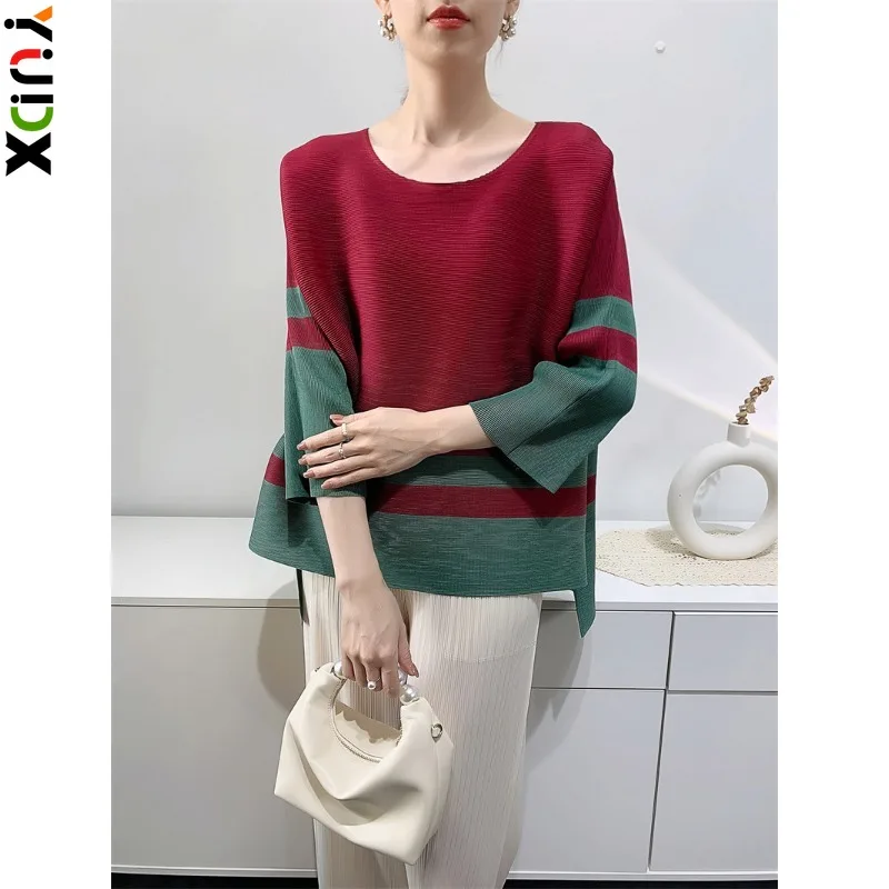 

YUDX Miyake Pleated Fashion Women's Tops Female Color Blocking T-shirt Irregular Toothpick Pleated Clothes 2024 Summer New