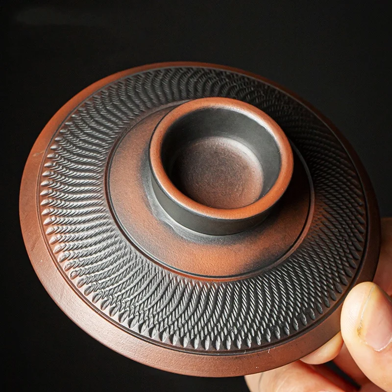 Purple Pottery Vintage Gaiwan Ceramic Jump Knife Process Tea Tureen Pigmented Kung Fu Drinkware