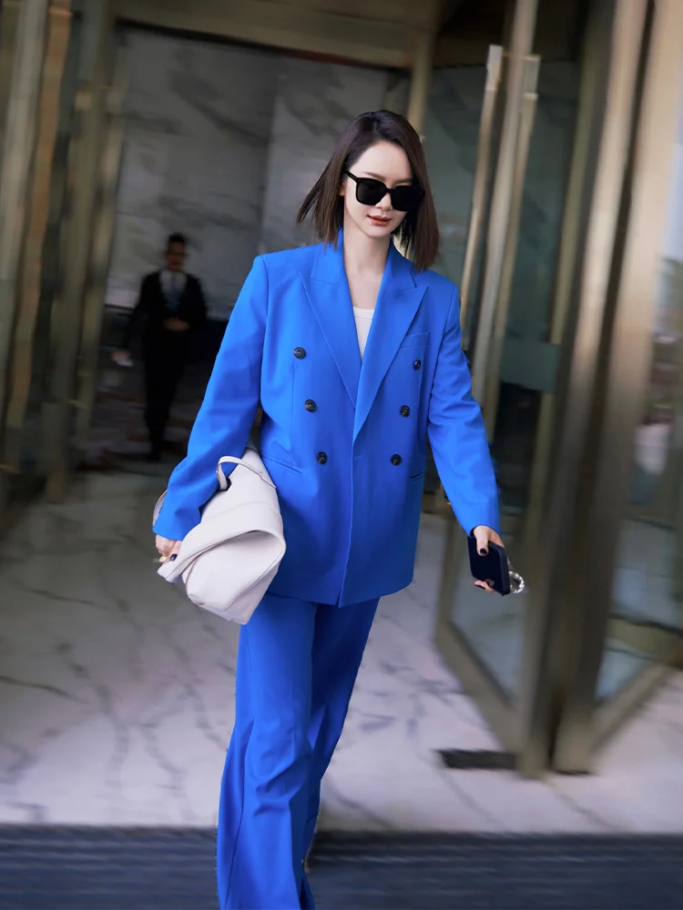 

Qi Wei Star's Same Blue Suit Set Women's Spring and Autumn 2023 New Wide Leg Pants Two Piece Professional Suit