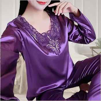 2025 Women Pajamas Set Silky Long Sleeves V Neck Sleepwear Loose Sleeping Lace Plus Size Women Spring Nightie Set Home Wear