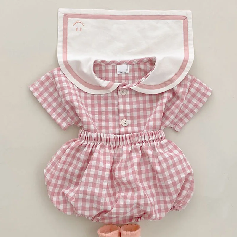 Baby Clothing Set comfotable Summer baby clothes new girls simple plaid short-sleeved T-shirt suit children's baby doll collar top shorts college style suit Baby Clothing Set cheap Baby Clothing Set