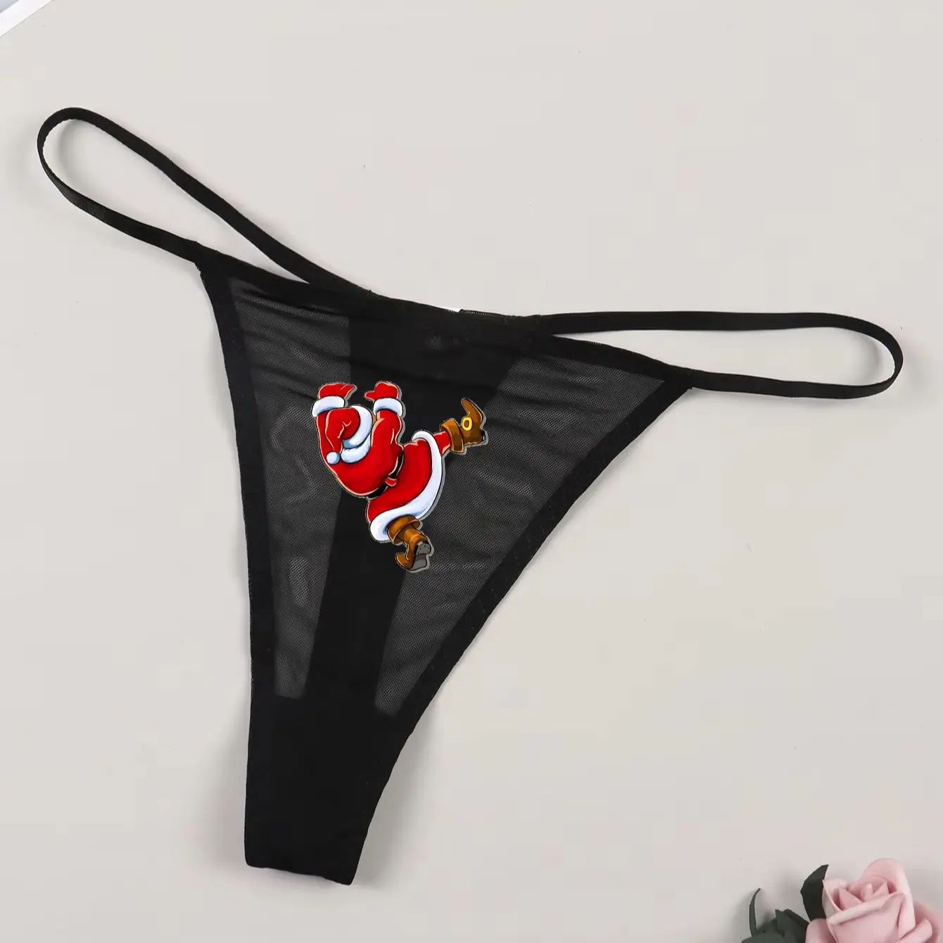 Women's Sexy Mesh Underpanty with Santa Claus Print Christmas Breathable and Comfortable underwear
