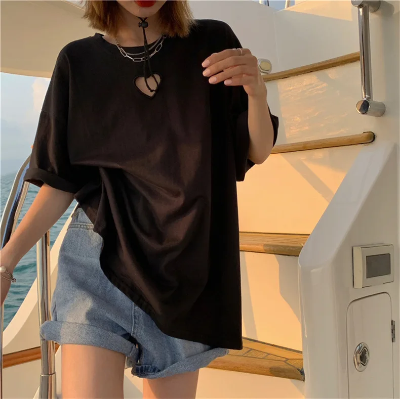 Solid Oversized T-shirt Heart-shaped Hollow Out Top Women Loose