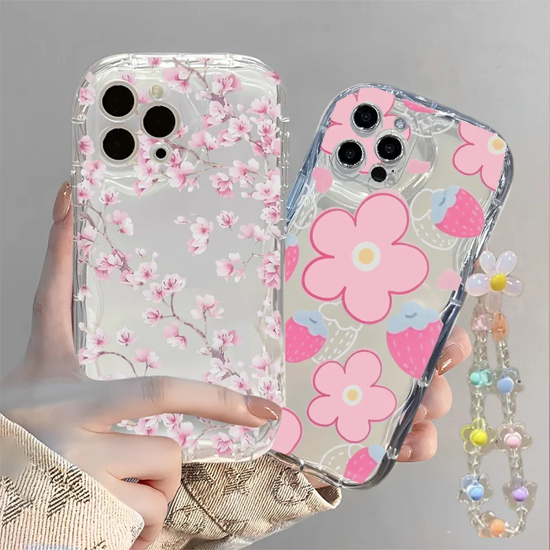 Floral Wrist Strap Clear Silicone Case with Lanyard Chain