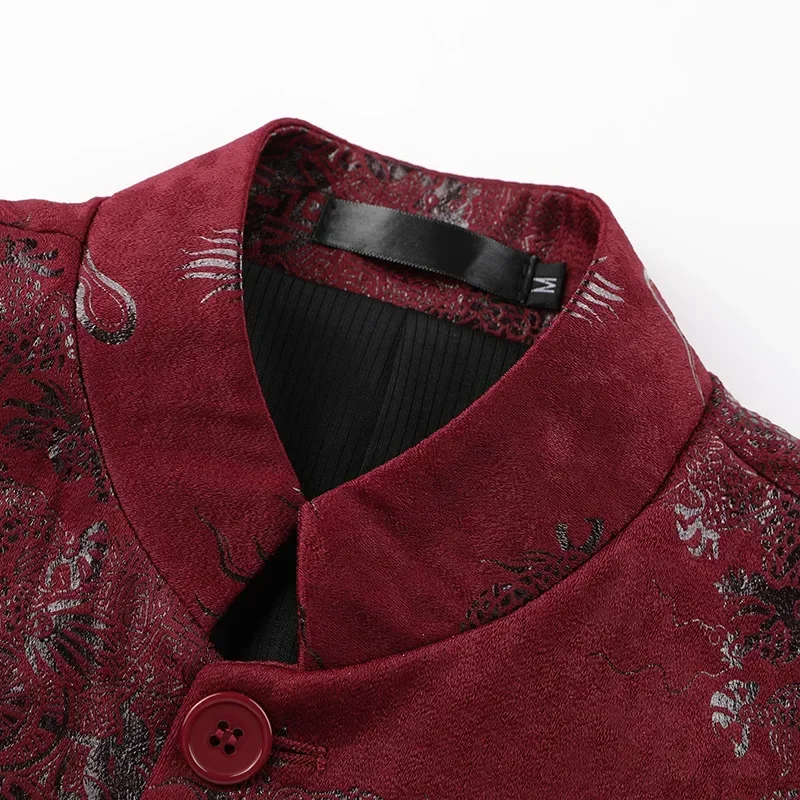Red Mens Suit Jacket,Chinese Style Vintage Coats,Single Breasted Black Blazers,Asian Size M-4XL,Chinese Dragon Print Decoration