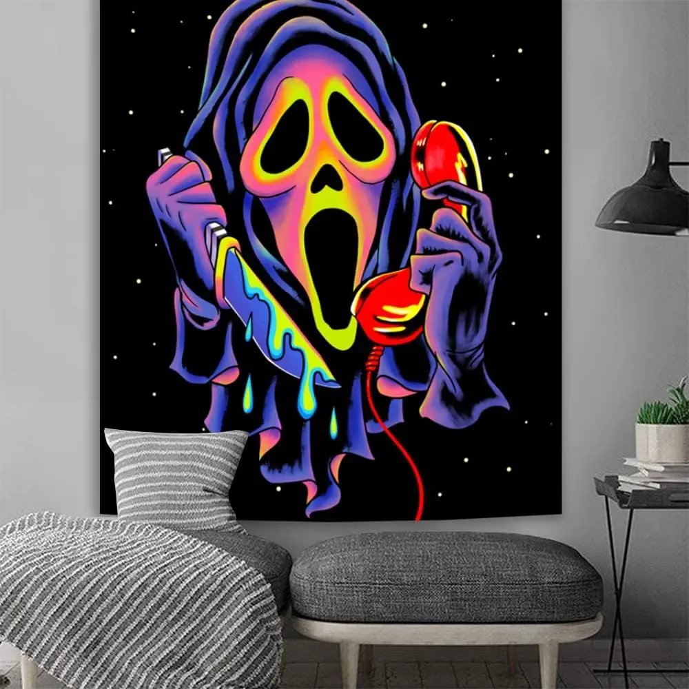 Blacklight Horror Face Tapestry UV Reactive Trippy Wall Hanging Glow in the Dark Party Backdrop for Living Room Decor