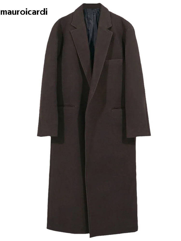 Mauroicardi Autumn Winter Long Casual Brown Black Soft Thick Warm Woolen Coat Men Sashes Luxury Designer Plus Size Overcoat 5XL 3