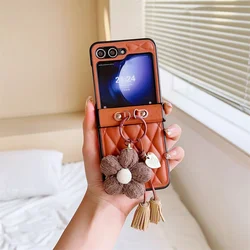 Floral Leather Shockproof Phone Case - Protective Cover with Flower Ring Design - Galaxy Z Flip3 (Brown)