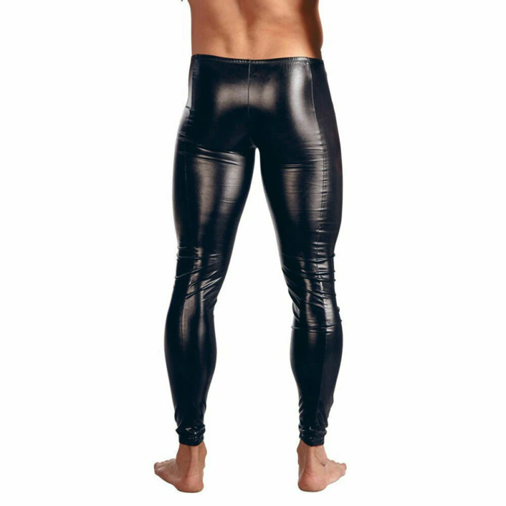 Mens Erotic Temptation Trousers Sexy U Convex Pouch Zip Open Trousers Tight Leggings Club Slim Stretch Wet Look PU Leather Pants