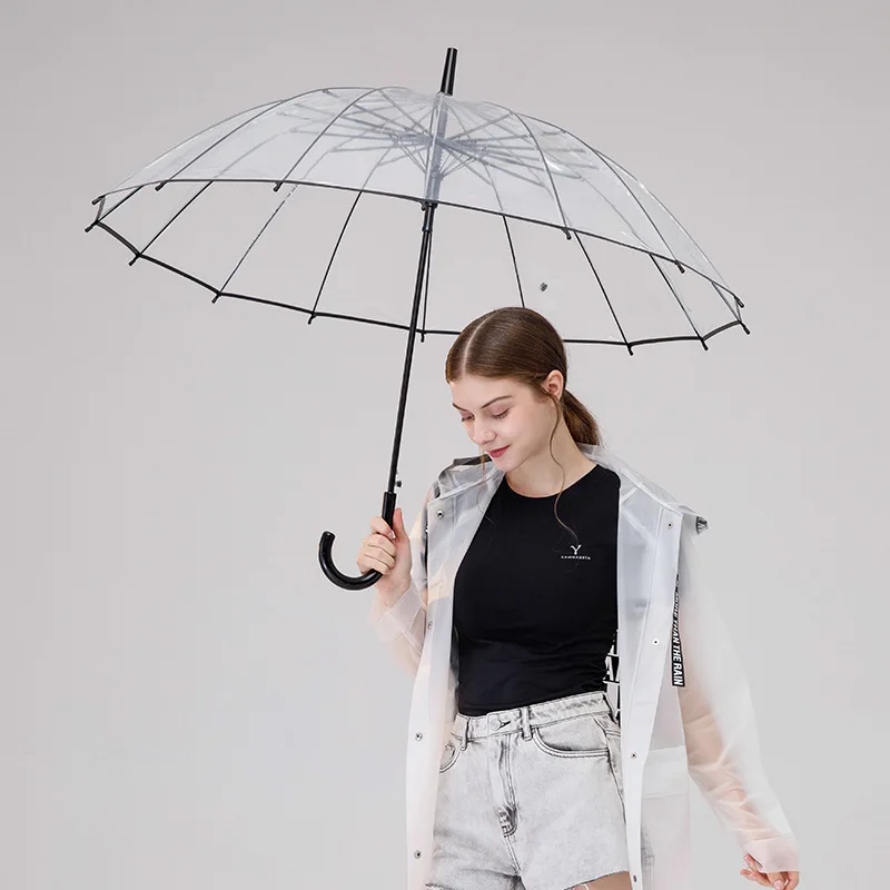 

New 16/8 Bones Transparent Umbrella Student Rainproof Windproof Curved Handle Straight Umbrella For Women