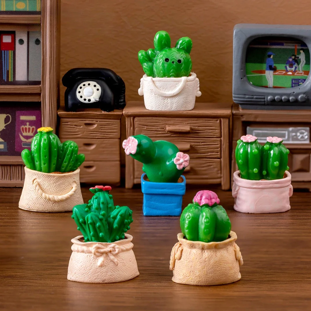 

6pcs Mini Simulation Potted Plants Figurine Miniatures Cute Cactus Moss Micro Landscape Home Decoration Office Desktop Ornaments